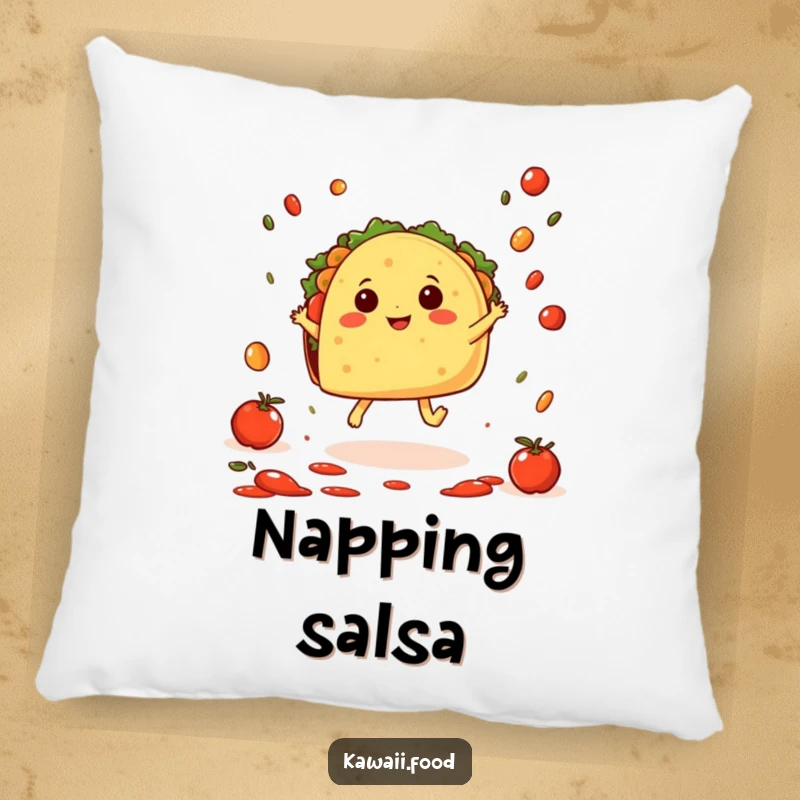 Funny Taco Hop Pillow: A cheerful taco character with tiny feet joyfully hopping amidst falling salsa, soft and fun home decoration.