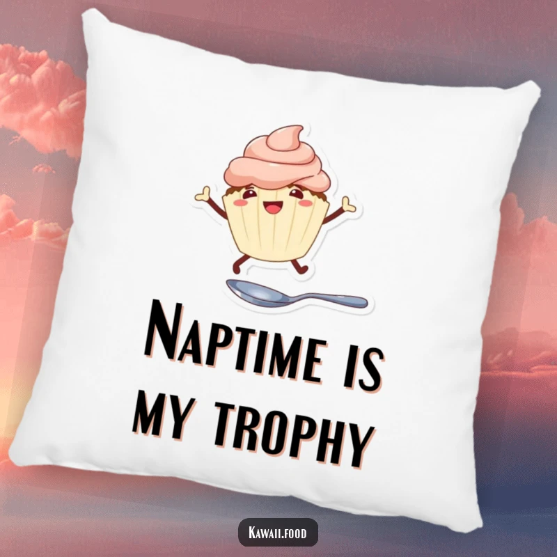 Funny cheerful cupcake with legs leaping over a tiny spoon on a soft pillow, perfect for adding sweet comfort and humor.