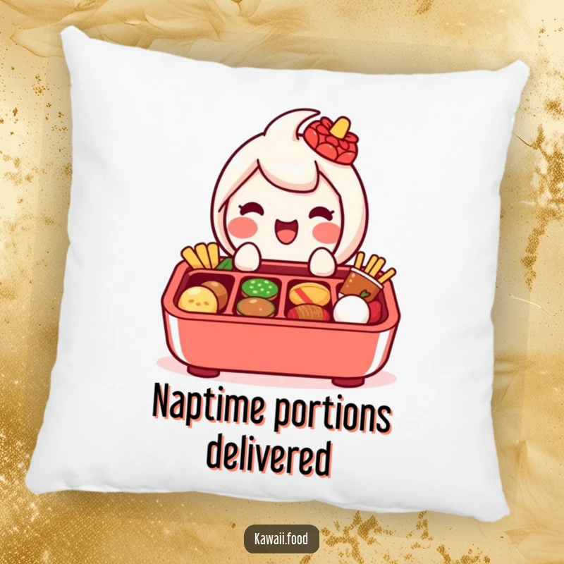 Funny pillow featuring a delighted bento box character with compartments, happily showcasing miniature food items within.