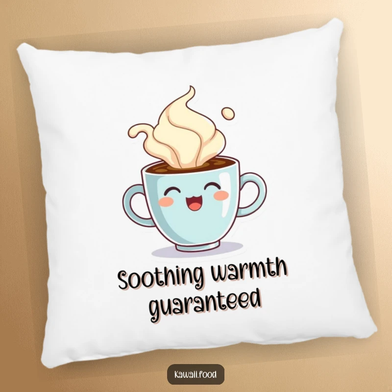 Funny pillow featuring a cheerful coffee cup character comically overflowing with steam, a soft and warm accent.