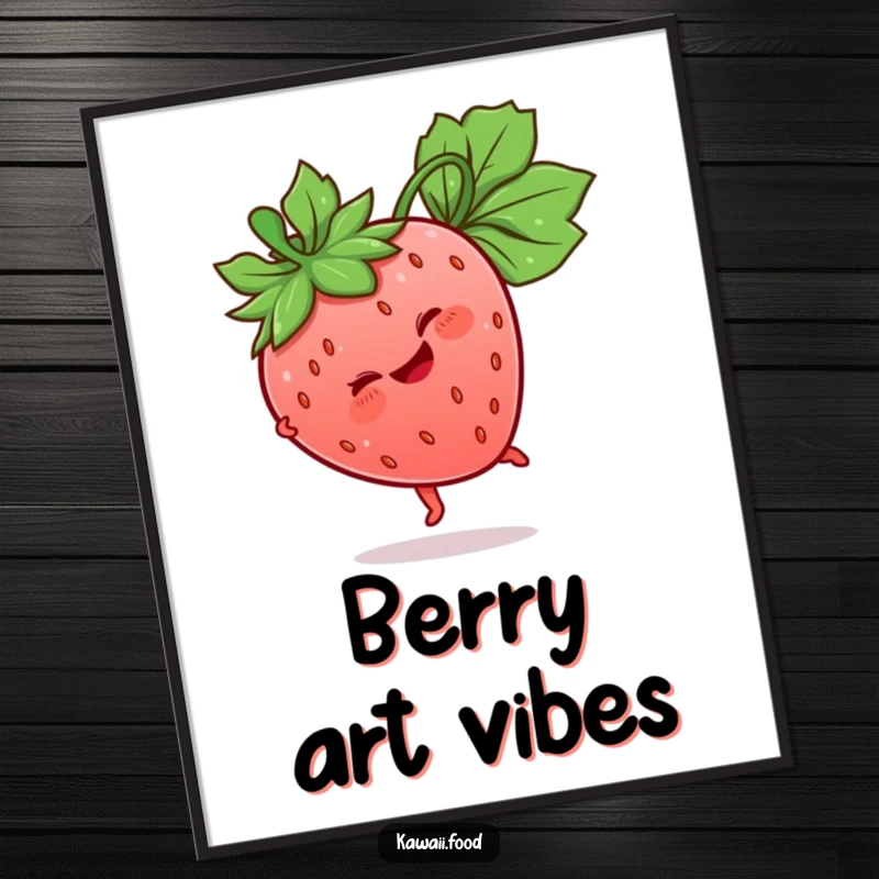 Funny Strawberry Digital Art Print of a giggling strawberry character doing a cartwheel, its leaf stem adding motion, vibrant and fun wall decor.