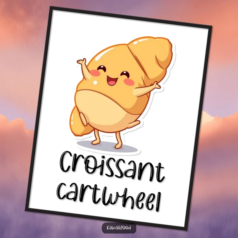 Funny Digital Art Print: A happy croissant character captured mid-cartwheel, bringing energetic joy and humorous pastry fun to wall decor.