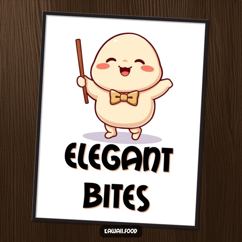 Funny happy dumpling character in a bow tie excitedly waltzing with a chopstick, a vibrant and humorous digital art print.