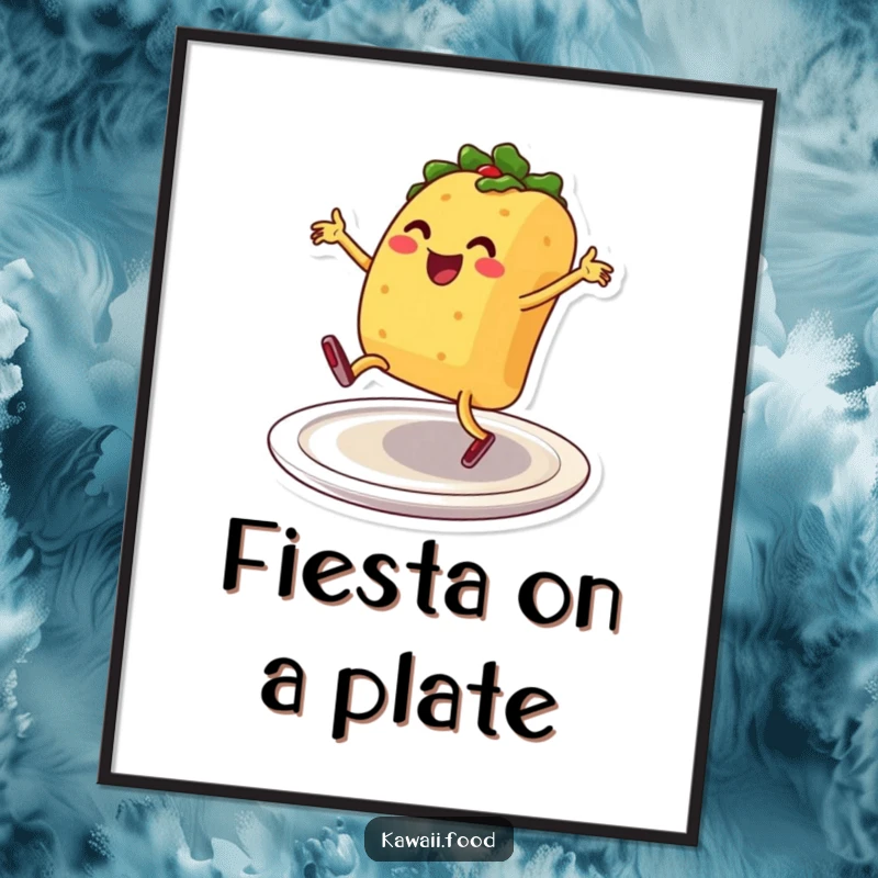 Smiling taco character breakdancing on a plate, as a downloadable digital art print for vibrant and humorous decor.