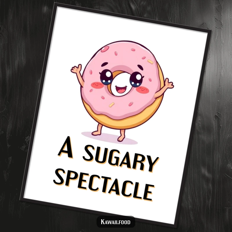 Funny digital art print of a cheerful donut with eyes doing a playful dance, offering instant sweetness and charm.