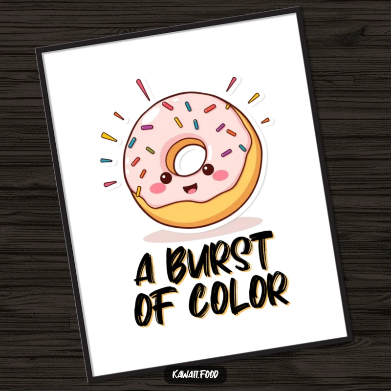 Cheerful donut character with sprinkles comically flying off its sides, presented as a high-resolution digital art print for instant sweet humor.