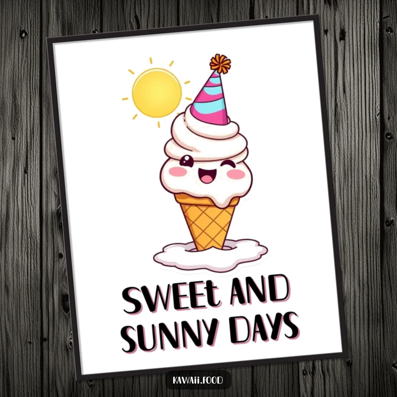 Funny ice cream cone character with a party hat, comically melting under the sun. An easily printable and funny digital art piece.