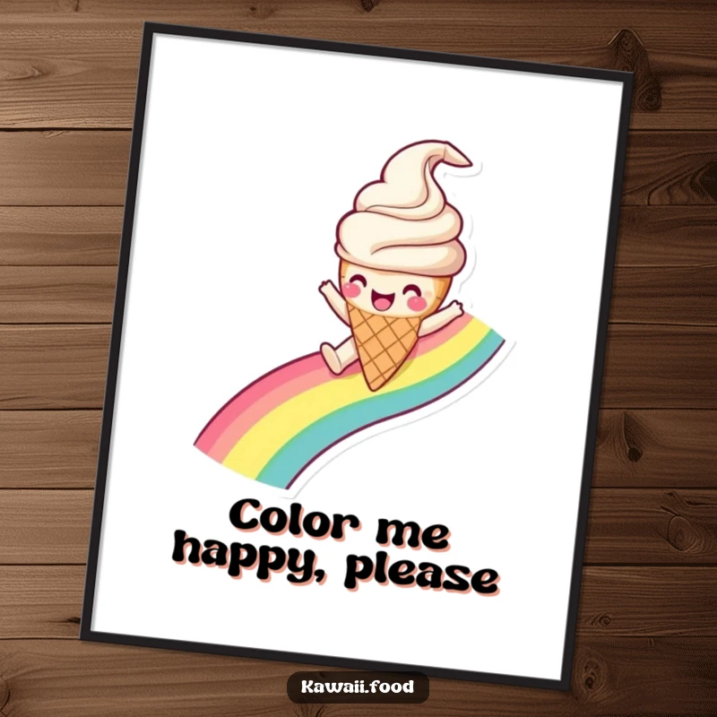 Funny Ice Cream Cone Digital Art piece showing a happy ice cream character gleefully sliding down a rainbow, for instant cheerful decor.