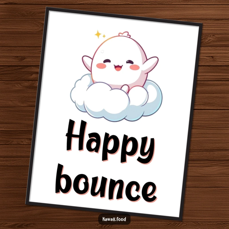 Funny Mochi Cloud Digital Art Print: A happy mochi character bouncing enthusiastically on a fluffy cloud, offering dreamy and humorous decor.
