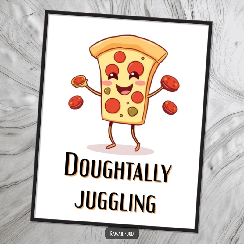 Funny pizza slice with legs juggling pepperoni toppings as digital art, ready to be printed and hung for humorous decor.