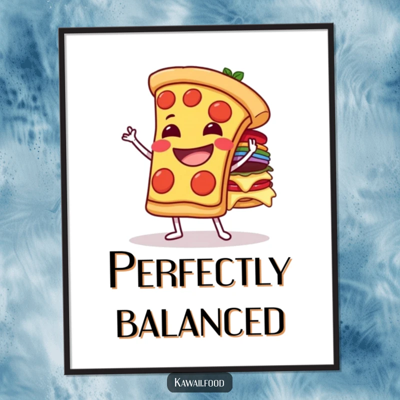 Funny grinning pizza slice character balancing toppings, as downloadable digital art, bringing instant humor and delicious ambition.
