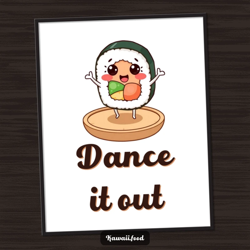 Funny sushi roll character with happy eyes dancing on a small wooden plate, a vibrant and humorous digital art print.