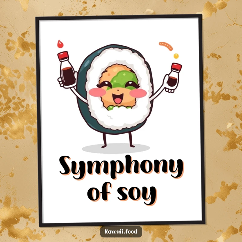 Smiling sushi roll character playfully juggling soy sauce bottles, presented as a high-resolution digital art print for instant culinary humor.