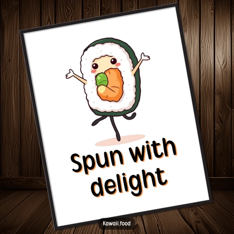 Cheerful sushi roll character performing a pirouette, as a downloadable digital art print for elegant and humorous decor.