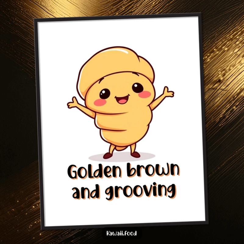 Funny digital art print of a smiling croissant character doing a silly little jig, downloadable art for instant smiles.