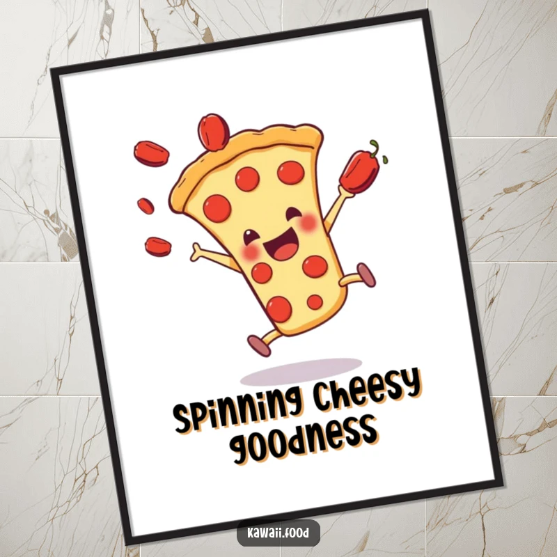 Funny pizza slice character doing a cartwheel with pepperonis flying, available as a high-resolution digital art print.