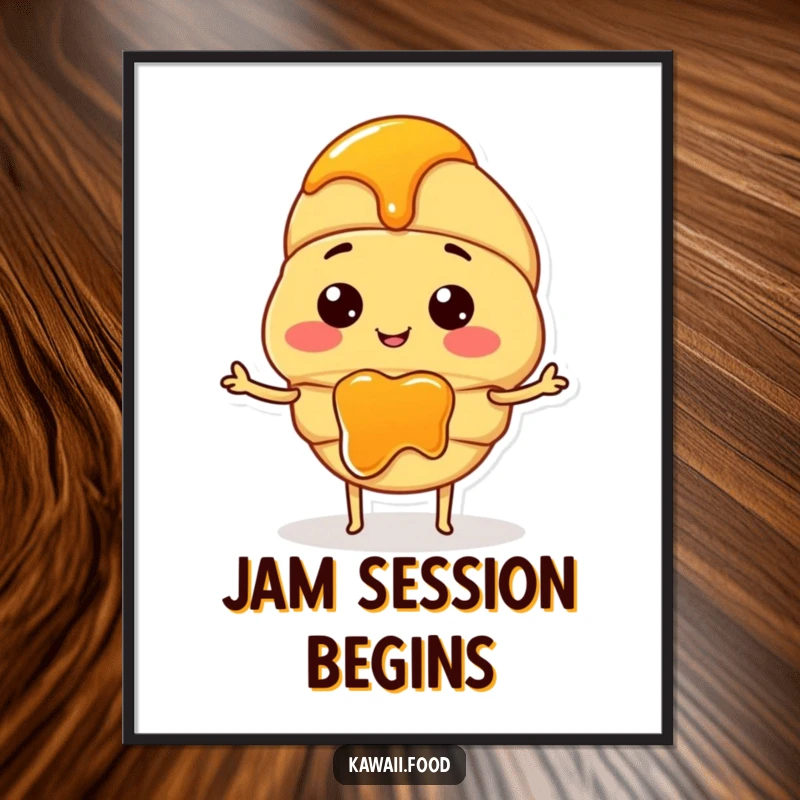 Funny digital art print of a smiling croissant character with tiny arms, joyfully spreading jam.