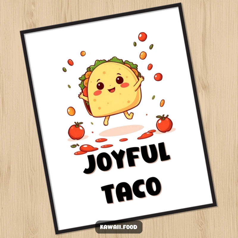 Funny Taco Hop Digital Art Print: A cheerful taco character with tiny feet doing a joyful hop amidst falling salsa, vibrant and humorous fiesta art.