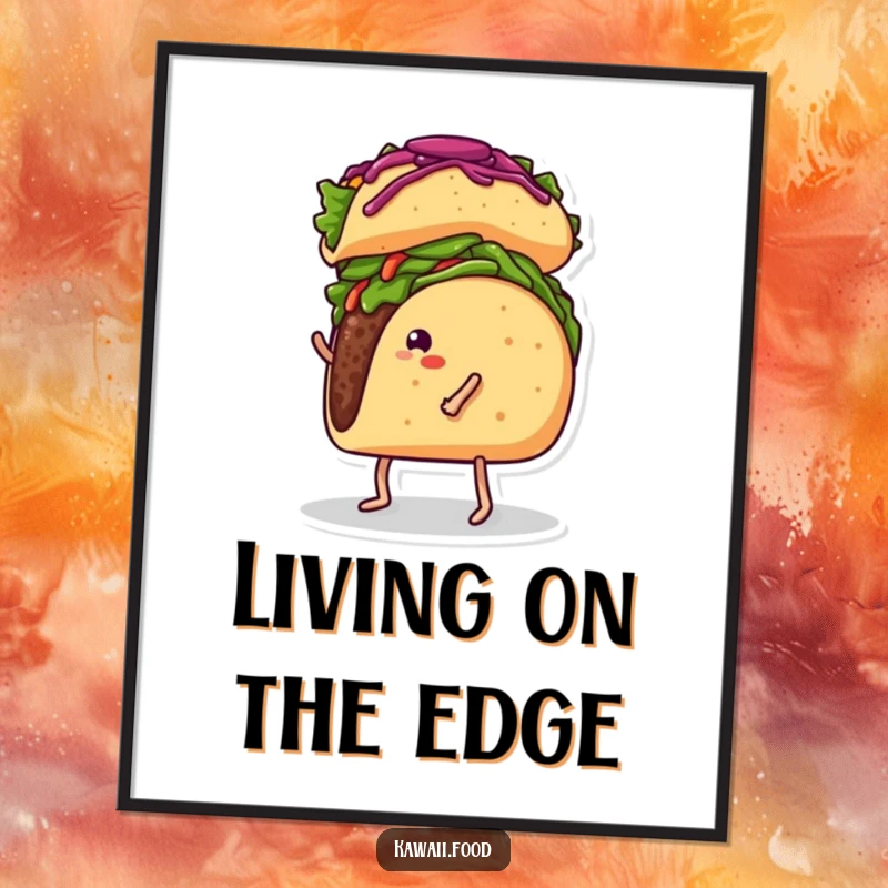 Funny digital art of a taco with legs balancing a burrito on its head, a humorous illustration ready for download.
