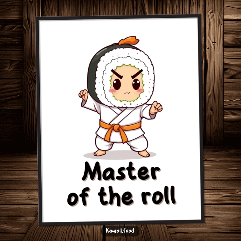 Funny digital art print of a sushi roll character in a karate belt, executing a powerful chop. Instant action and humor.