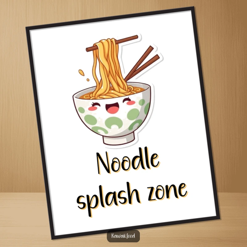 Funny Digital Art: High-resolution illustration of a ramen bowl joyfully splashing noodles, perfect for digital display.