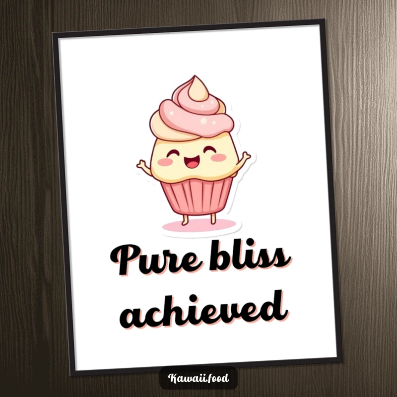 Funny digital art print of a 'bouncing cupcake' character with wiggling frosting hair, radiating pure joy. Instant cheerful decor.