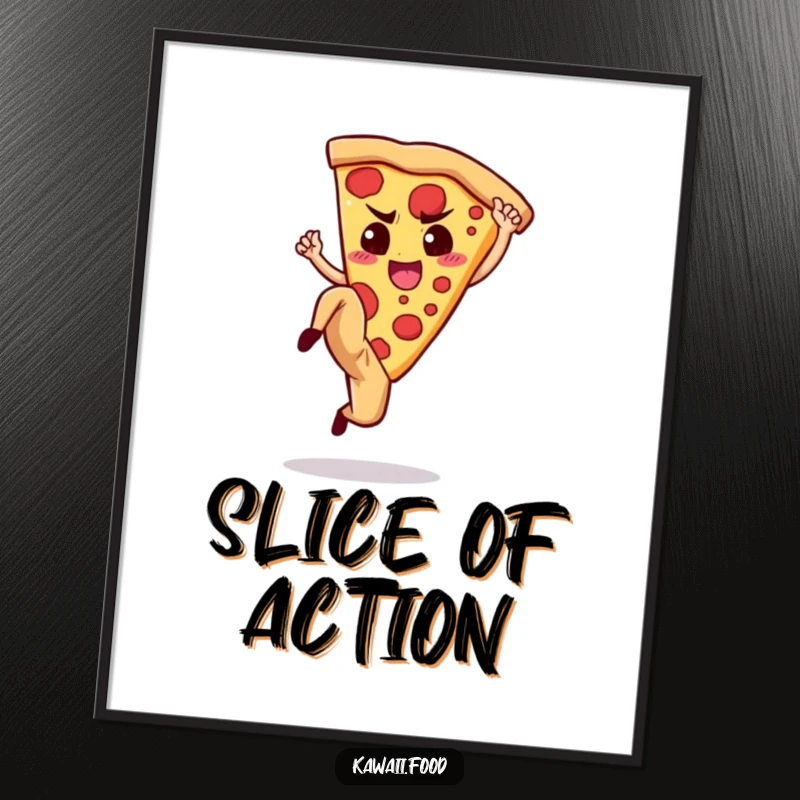 Funny Digital Art: High-resolution artwork of a determined pizza slice performing a high kick, for energetic displays.