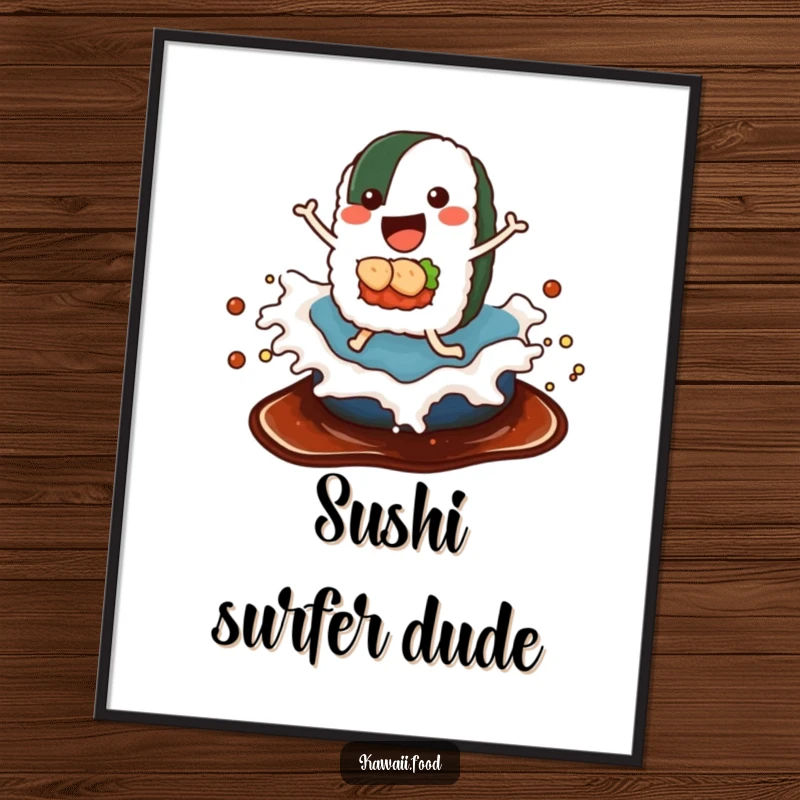Funny digital art of a happy sushi roll with legs riding a wave of soy sauce, a humorous illustration ready for download.