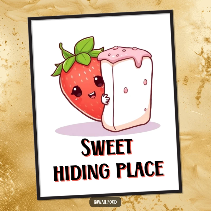 Funny curious strawberry wearing a leaf hat, peeking from behind a sugar cube, a vibrant and humorous digital art print.