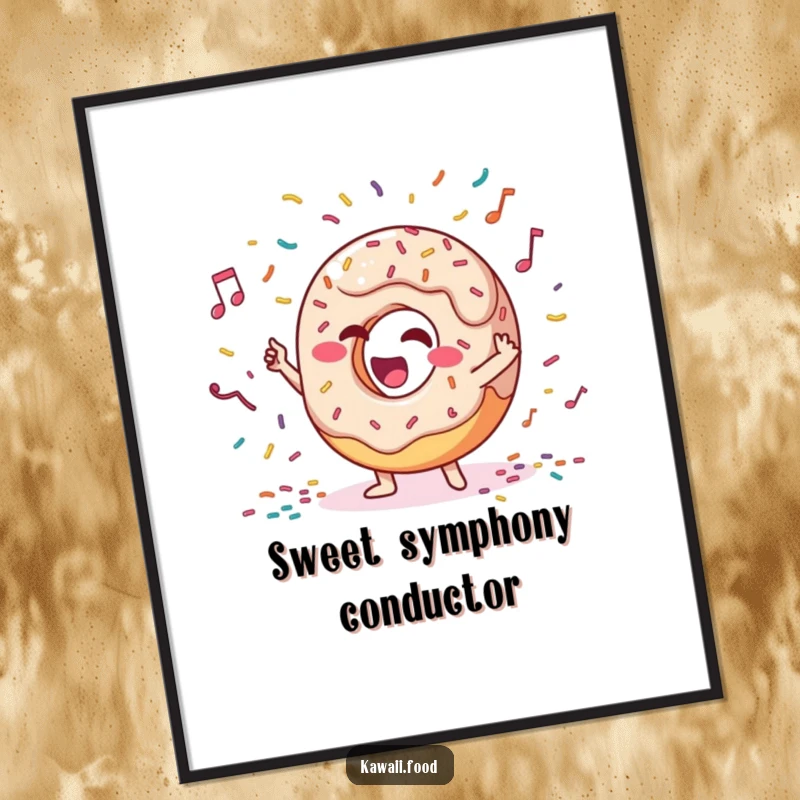 Funny digital art print of a giggling donut character enthusiastically conducting a vibrant orchestra made of sprinkles, instant joy for your walls.