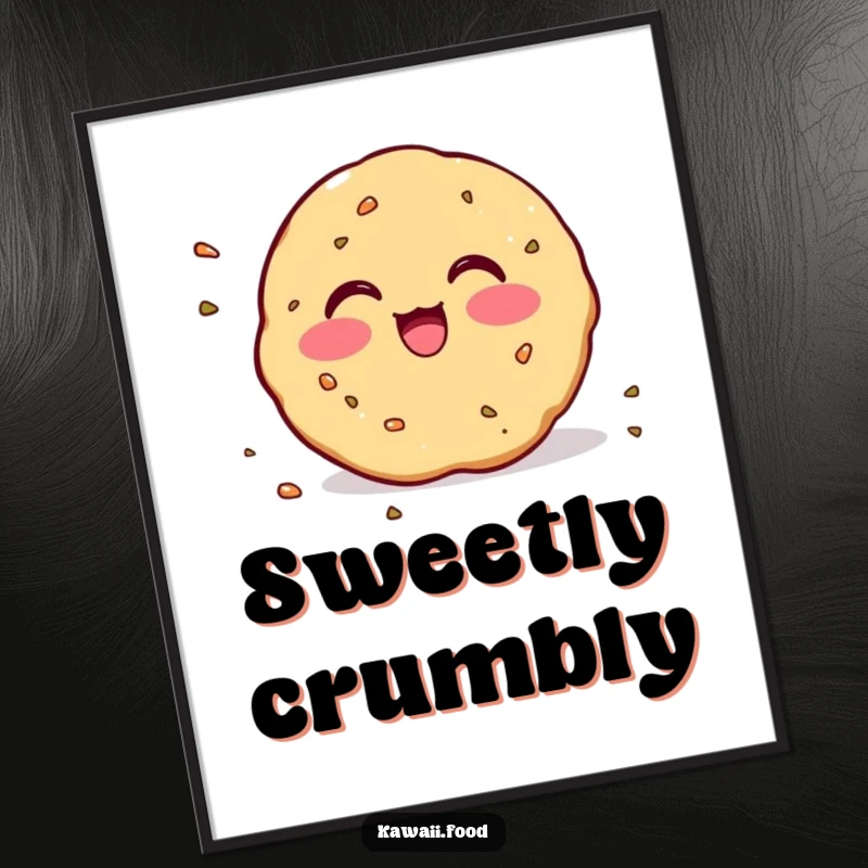 Funny Digital Art: High-resolution illustration of a blushing cookie with crumbs scattering excitedly, perfect for digital displays.