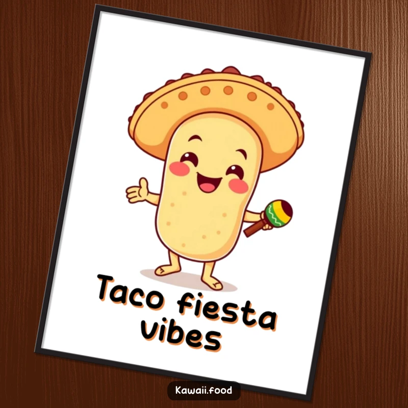 Funny digital art print of a taco character in a sombrero, dancing with maracas, creating a vibrant and joyful fiesta atmosphere.
