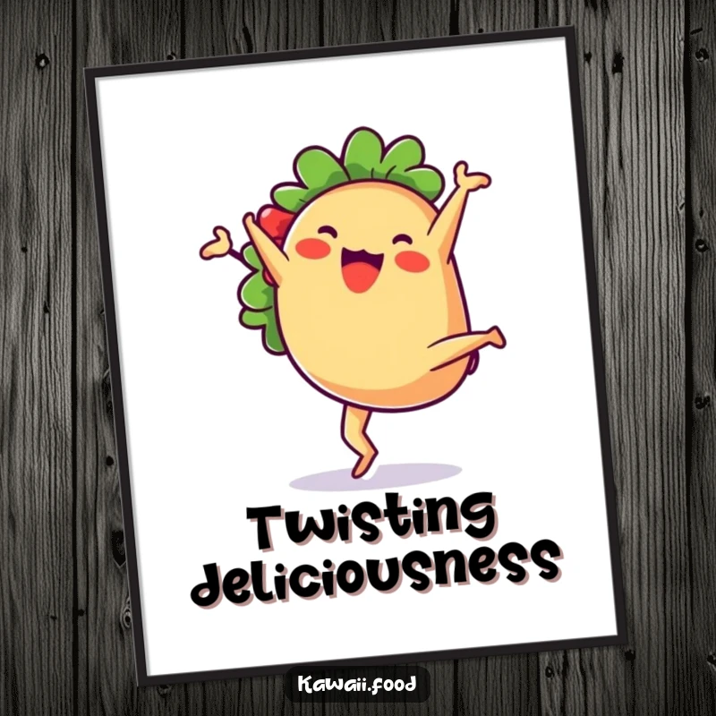 Cute anthropomorphic taco character doing a joyful cartwheel, presented as a high-resolution digital art print for instant fiesta.