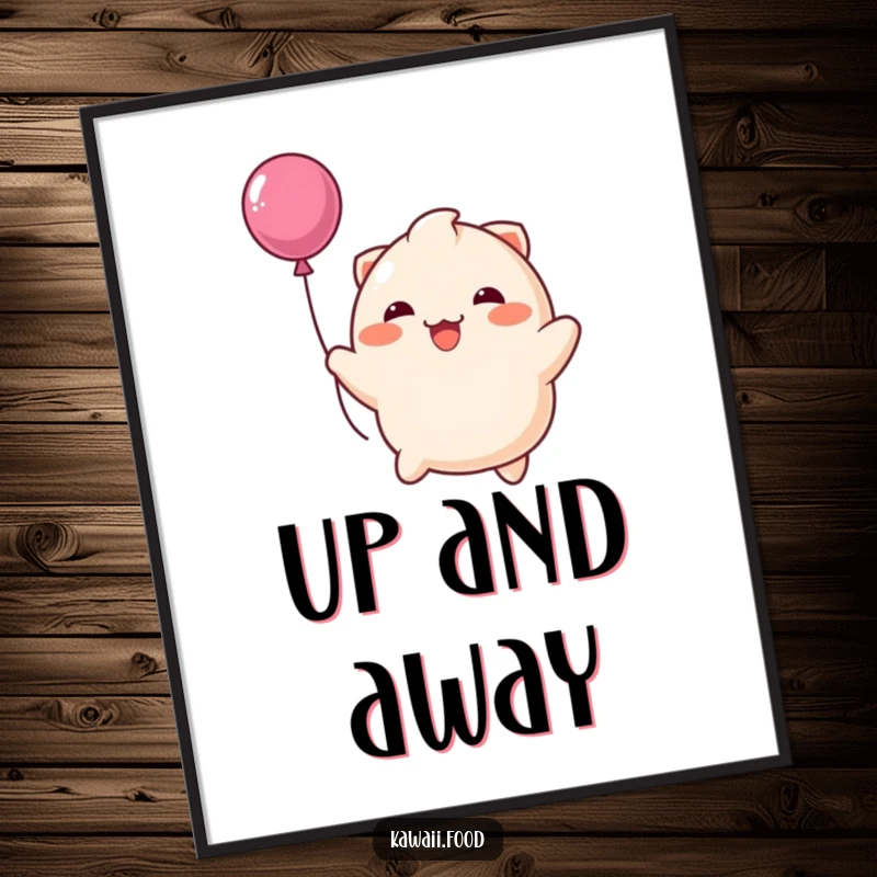 Funny digital art print of a happy dumpling character joyfully bouncing like a balloon, perfect for instant download and adding cheerful humor.