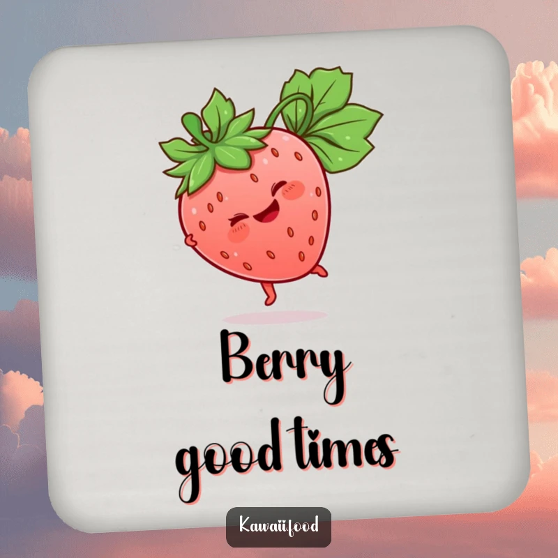 Funny Strawberry Coaster featuring a giggling strawberry character doing a cartwheel with its leaf stem, a cheerful and protective accessory.