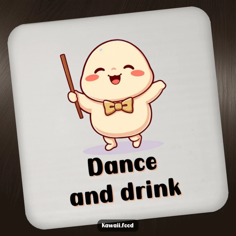 Funny happy dumpling character wearing a bow tie, waltzing with a chopstick, adding a humorous touch to this drink coaster.