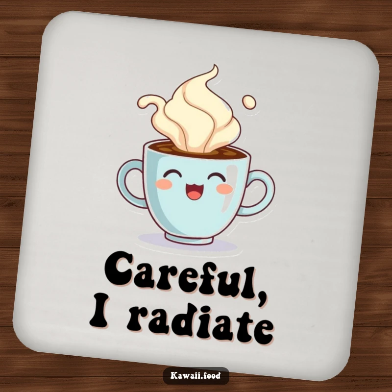 Funny drink coaster with a cheerful coffee cup character comically overflowing with steam, adding a hot touch to drinks.