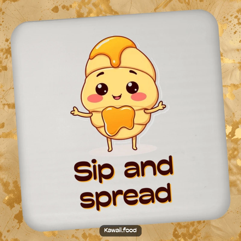 Funny coaster featuring a smiling croissant character with small arms, enthusiastically spreading jam on a table.