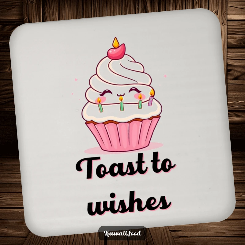 Funny Drink Coaster displaying a happy cupcake character blowing out small birthday candles, perfect for parties and everyday use.