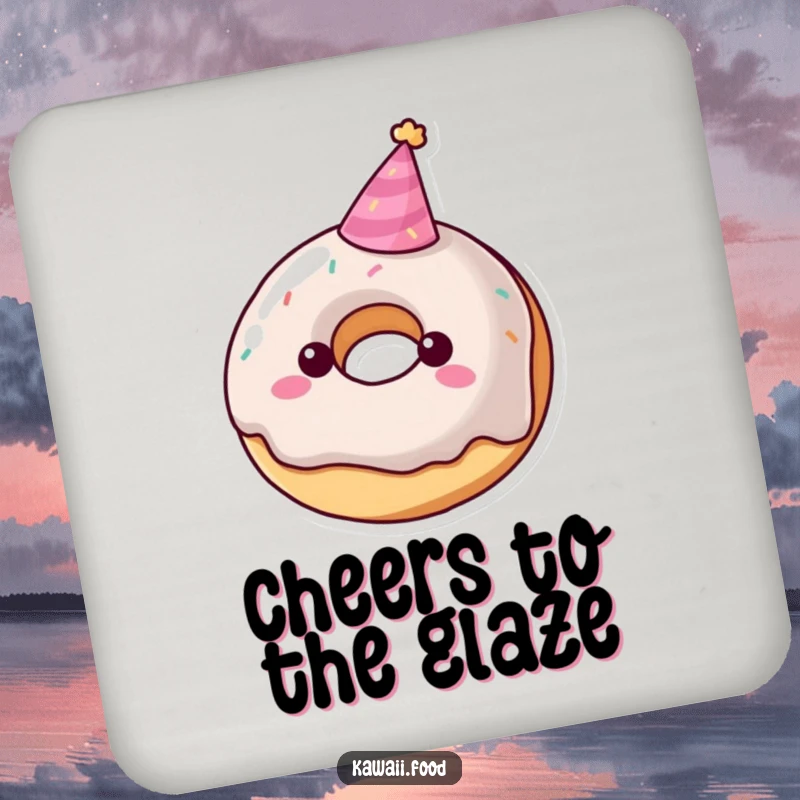 Funny donut character coaster wearing a tiny party hat, protecting surfaces with sweet festive flair, a delightful funny gift.