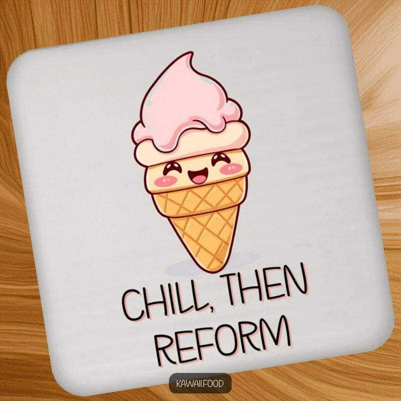 Funny ice cream cone coaster, giggling and melting then reforming, protecting surfaces with a sweet and humorous vibe.