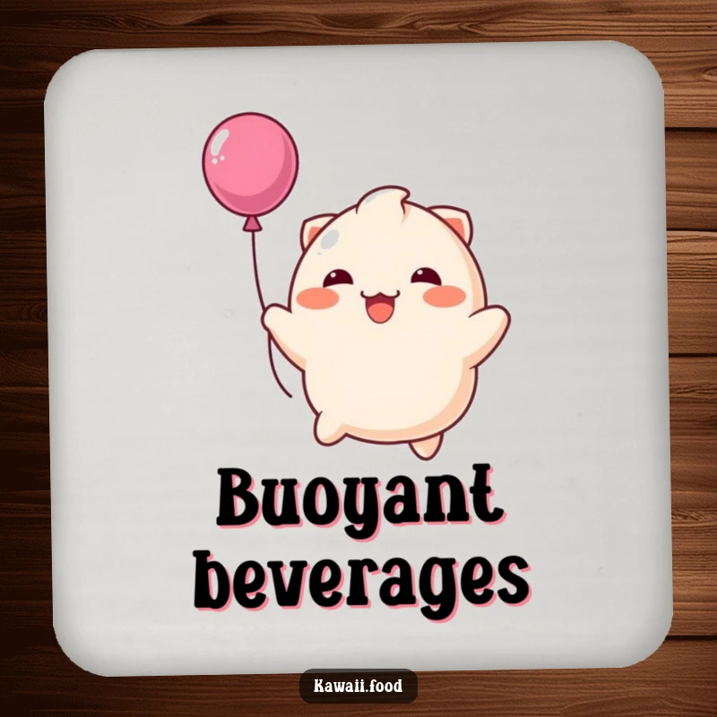 Funny drink coaster with a happy dumpling playfully bouncing like a balloon, protecting furniture with a cheerful and humorous design.