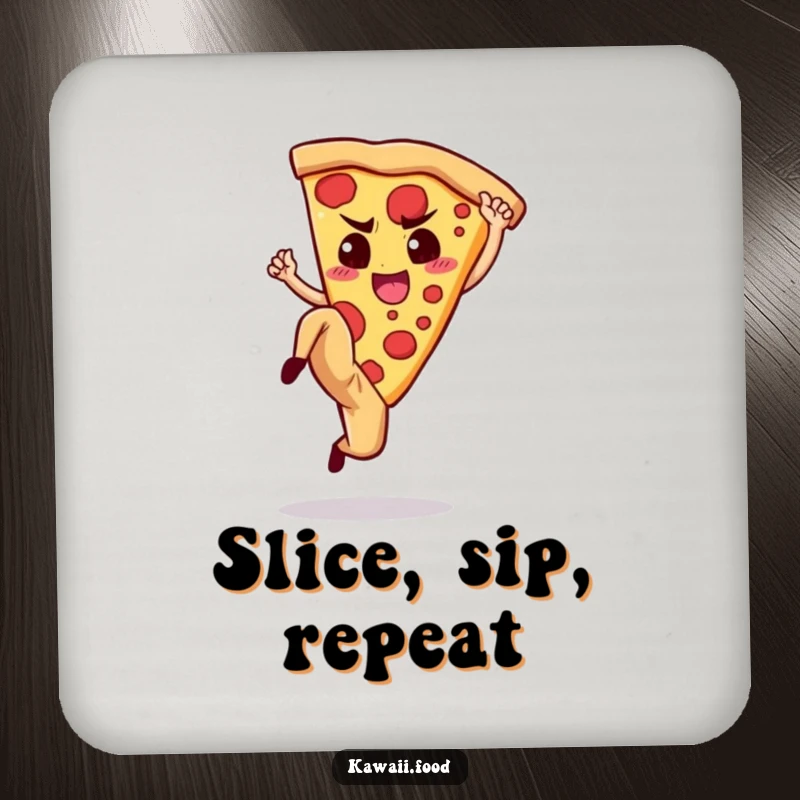 Funny Coaster: Illustration of a determined pizza slice high-kicking, adding a playful and protective element.