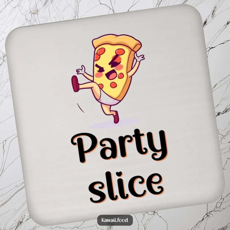 Funny drink coaster with a pizza slice character doing a high kick, protecting furniture with a dynamic and humorous design.