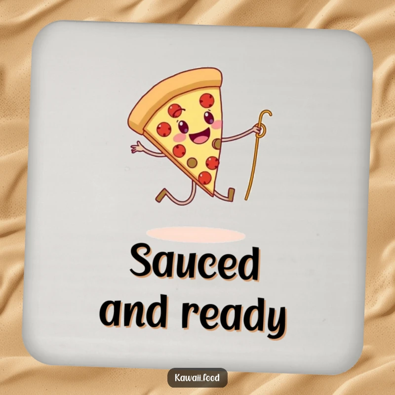 Funny coaster set with a pizza slice with legs skipping rope with a spaghetti strand, adding humorous and protective elements.