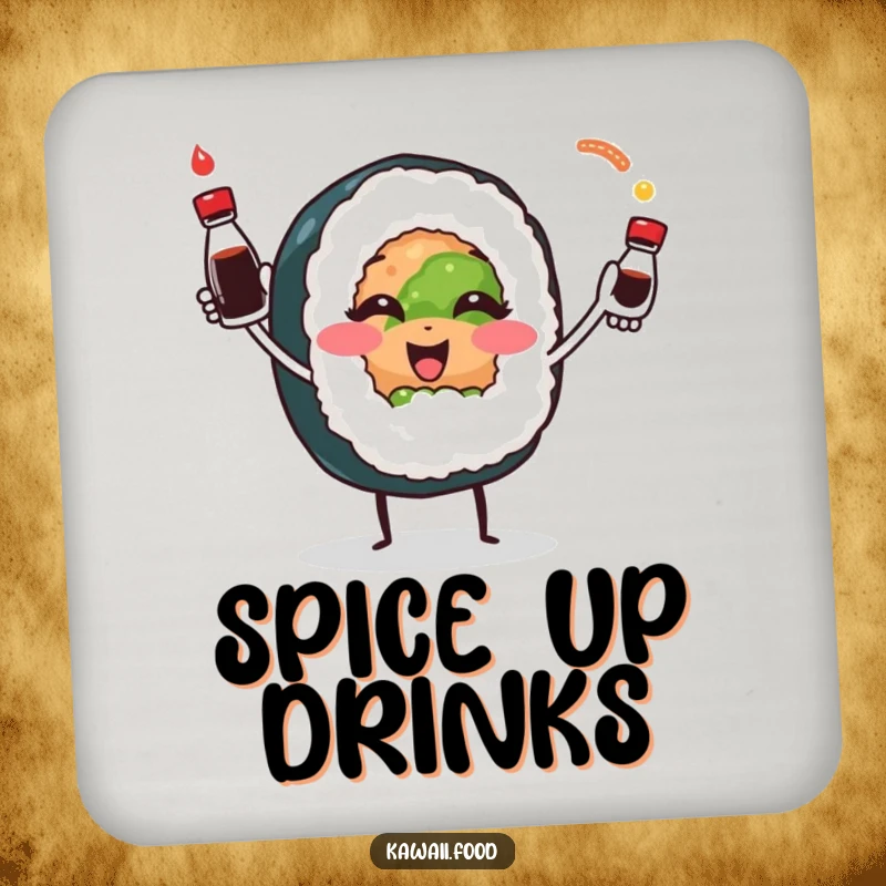 Smiling sushi roll character playfully juggling soy sauce bottles, adorning these humorous drink coasters for surface protection.