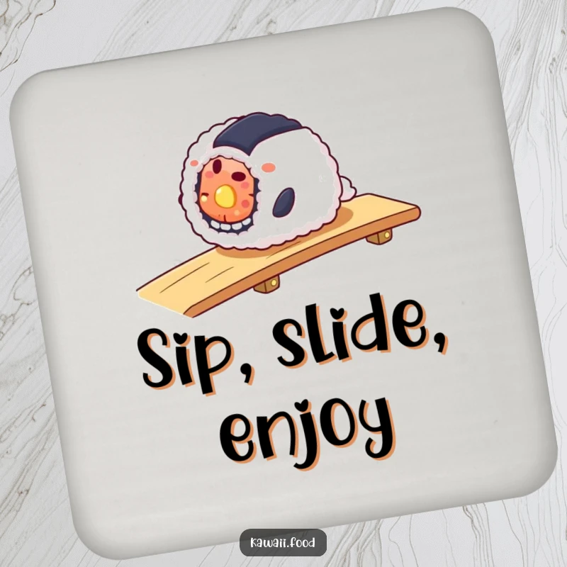 Funny drink coasters featuring a smiling sushi roll smoothly sliding down a ramp, perfect for protecting surfaces.
