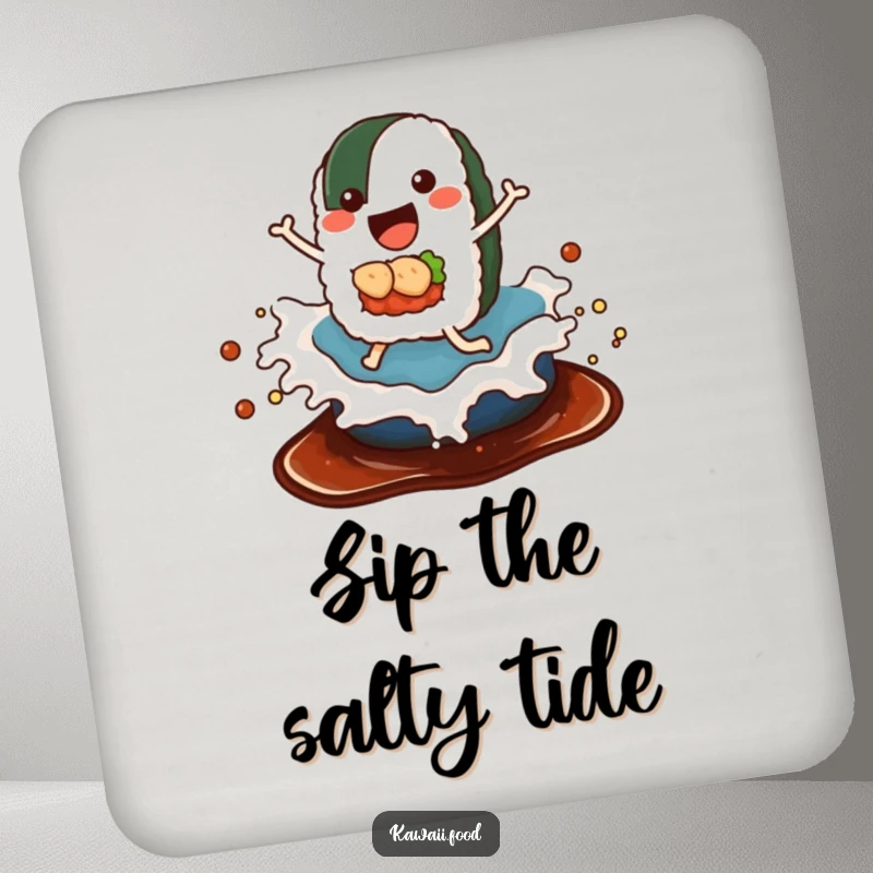 Funny coaster set with a delighted sushi roll with legs riding a wave of soy sauce, adding humorous and protective elements.