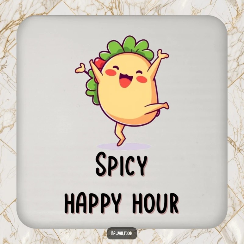 Cute anthropomorphic taco character doing a joyful cartwheel, adorning these humorous drink coasters for surface protection.
