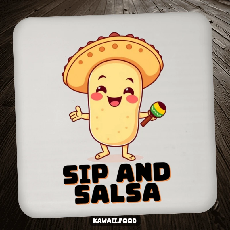 Funny drink coasters showcasing a smiling taco character in a sombrero, dancing with maracas, adding festive decor to any beverage setting.